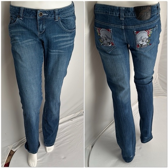 Ed Hardy Denim - Ed Hardy Y2K multicolor skull back pocket stretch straight blue denim jeans
